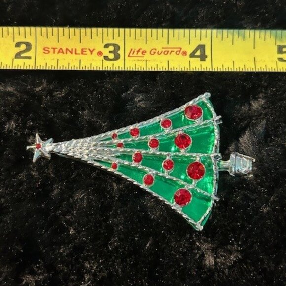 Vintage BJ Silver Tone w/Green Background and Red Rhinestones, Christmas Tree - Picture 3 of 5